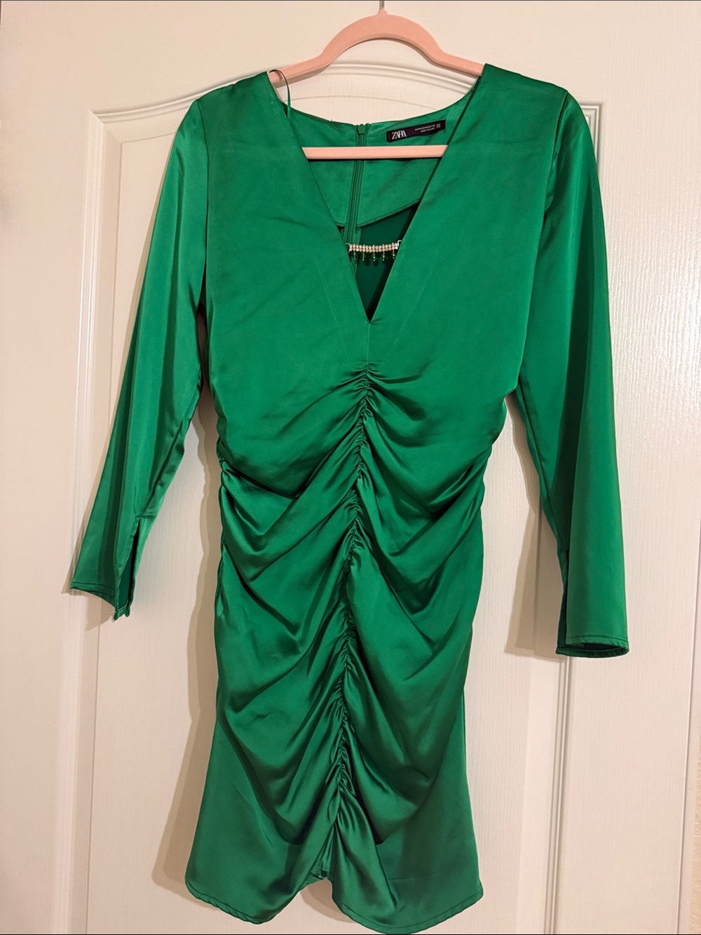 Zara Emerald Green Ruched V-Neck Long Sleeve Dress